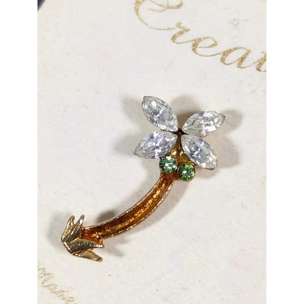 Vintage Palm Tree‎ Brooch Austrian Crystal Gold Tone Made in USA Tropical